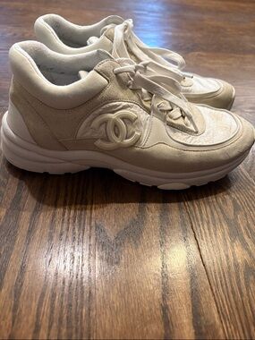 CHANEL Cream and White Lace-Up Logo Sneakers